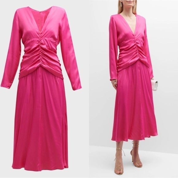 NWT FARM RIO Long-Sleeve Ruched-Waist Midi Dress Pink Fuchsia Sz S - Picture 1 of 4